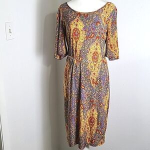 Mlle Gabrielle Colorful Paisley Sheath Dress with Gold Chain Belt, Size Medium
